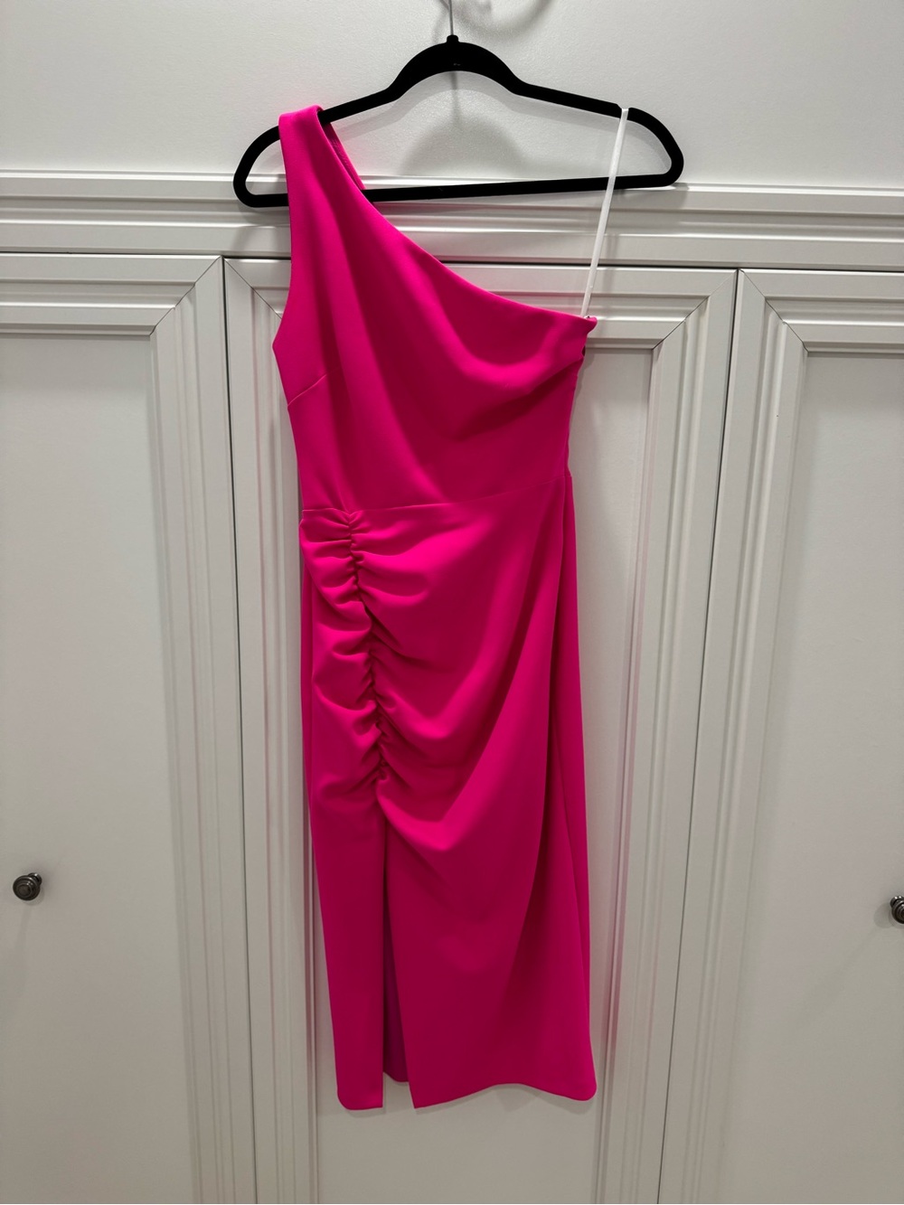 One-Shoulder Ruched Midi Dress in Hot Pink